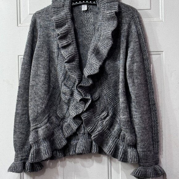 NEW Chico's Women's Sz 2 (L) Ruffle Cardigan Sweater 1 Hook Eye Gray Wool Blend - Picture 1 of 9